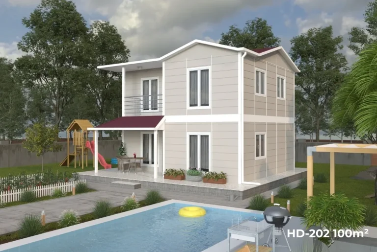 HD-202 100 m² 2 katlı dubleks prefabrik ev – bahçeli yan cephe, balkonlu ve verandalı