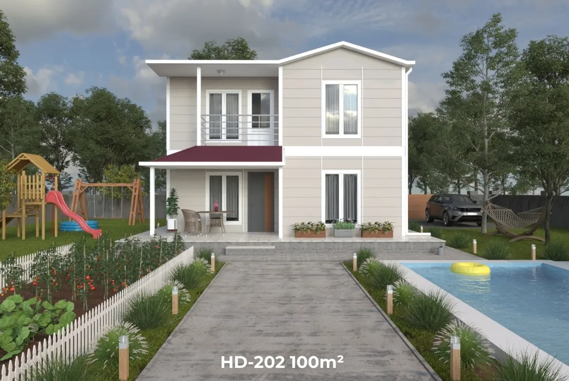 HD-202 100 m² 2 katlı dubleks prefabrik ev – 2+1 oda, 2 banyo, balkonlu ön cephe