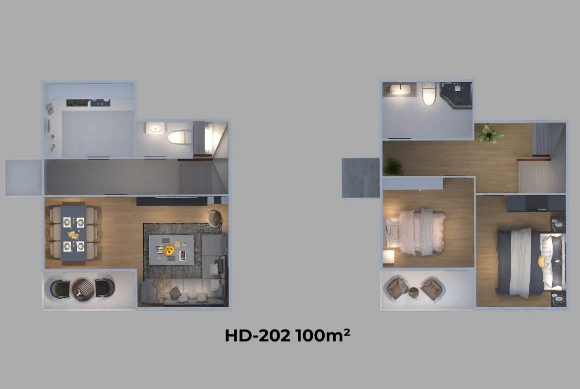 HD-202 100 m² 2 katlı dubleks prefabrik ev – 2+1 oda planı, alt ve üst kat yerleşimi