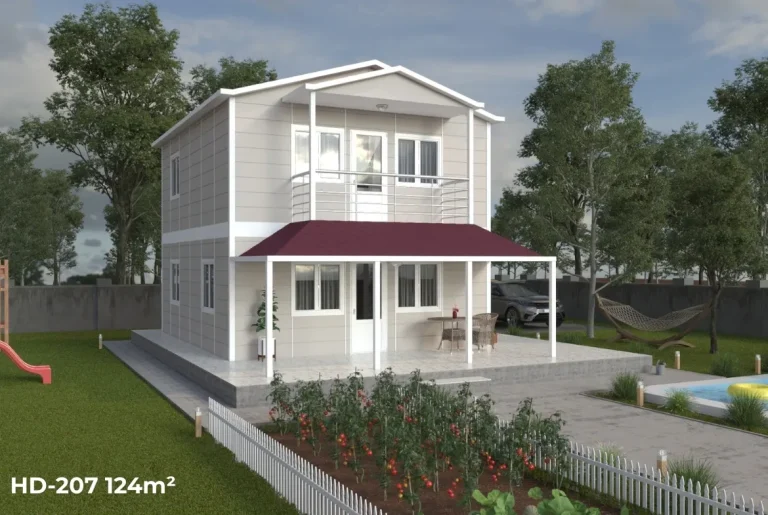 HD-207 124 m² dubleks prefabrik ev, arka ve yan cepheden görünüm, balkon ve veranda detayı ile.
