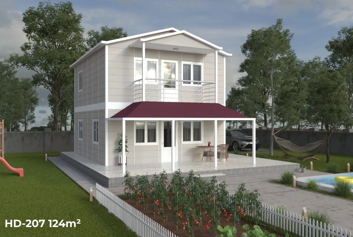 HD-207 124 m² dubleks prefabrik ev, arka ve yan cepheden görünüm, balkon ve veranda detayı ile.