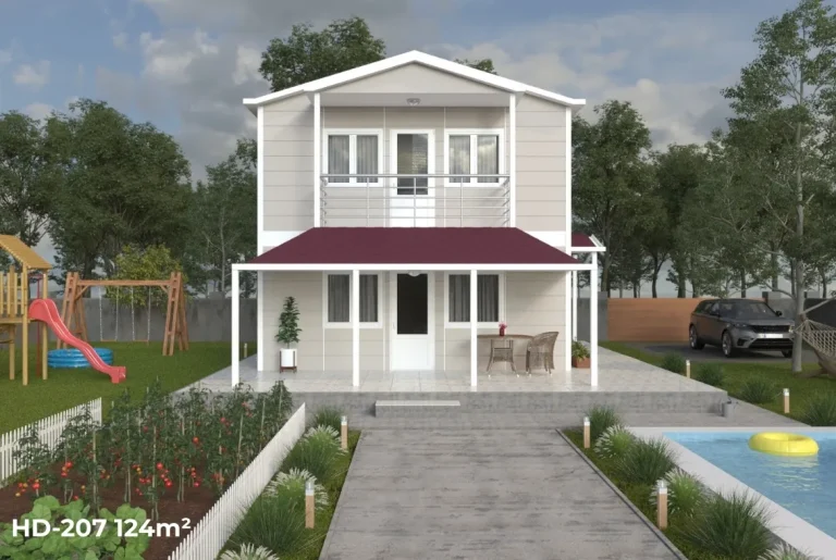 HD-207 model 124 m² 3+1 dubleks prefabrik ev, ön cepheden görünüm, 16 m² ferah veranda ve üst katta geniş balkon detaylı.