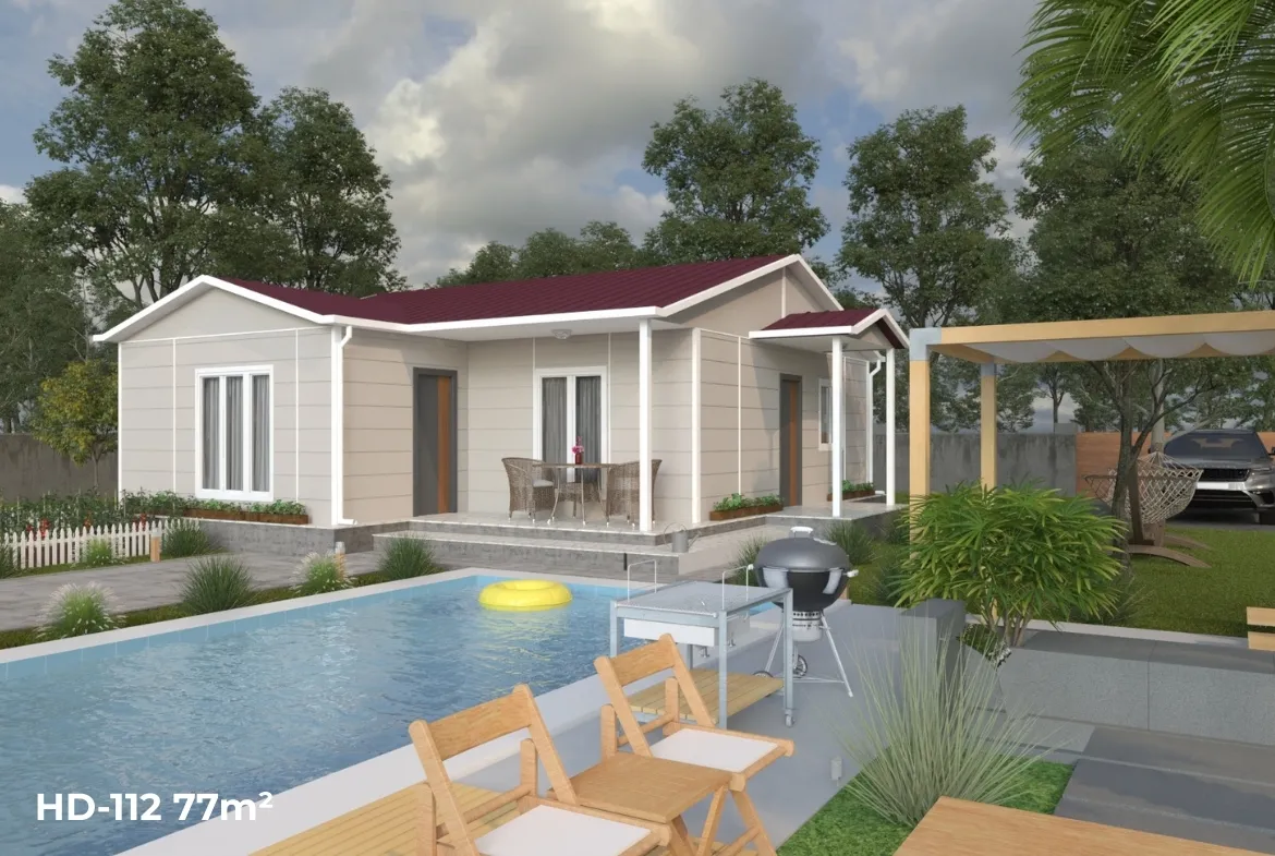 77 m² 2+1 HD-112 prefabrik evin yan cephe ve havuzlu bahçeli modern görünümü; Tekirdağ Trakya için ideal.