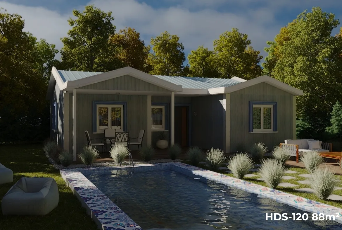 HD Steel tek katlı çelik ev modeli, ön cephede havuz ve peyzaj düzenlemesi ile akşam ışığında görünüm.