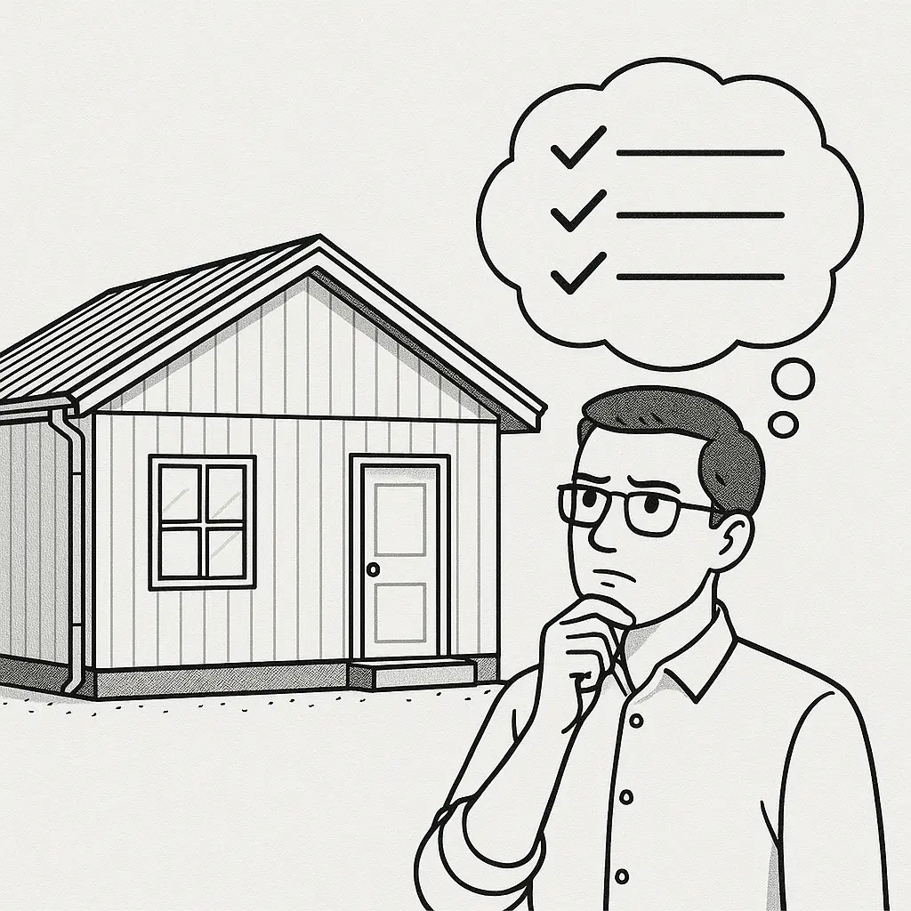 Prefabrik ev satın alırken dikkat edilmesi gerekenleri düşünen bir kişi ve yanında prefabrik ev çizimi