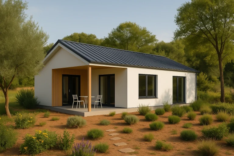 Beşik çatılı, beyaz cepheli, ahşap detaylı modern prefabrik ev kırsal bahçe içinde