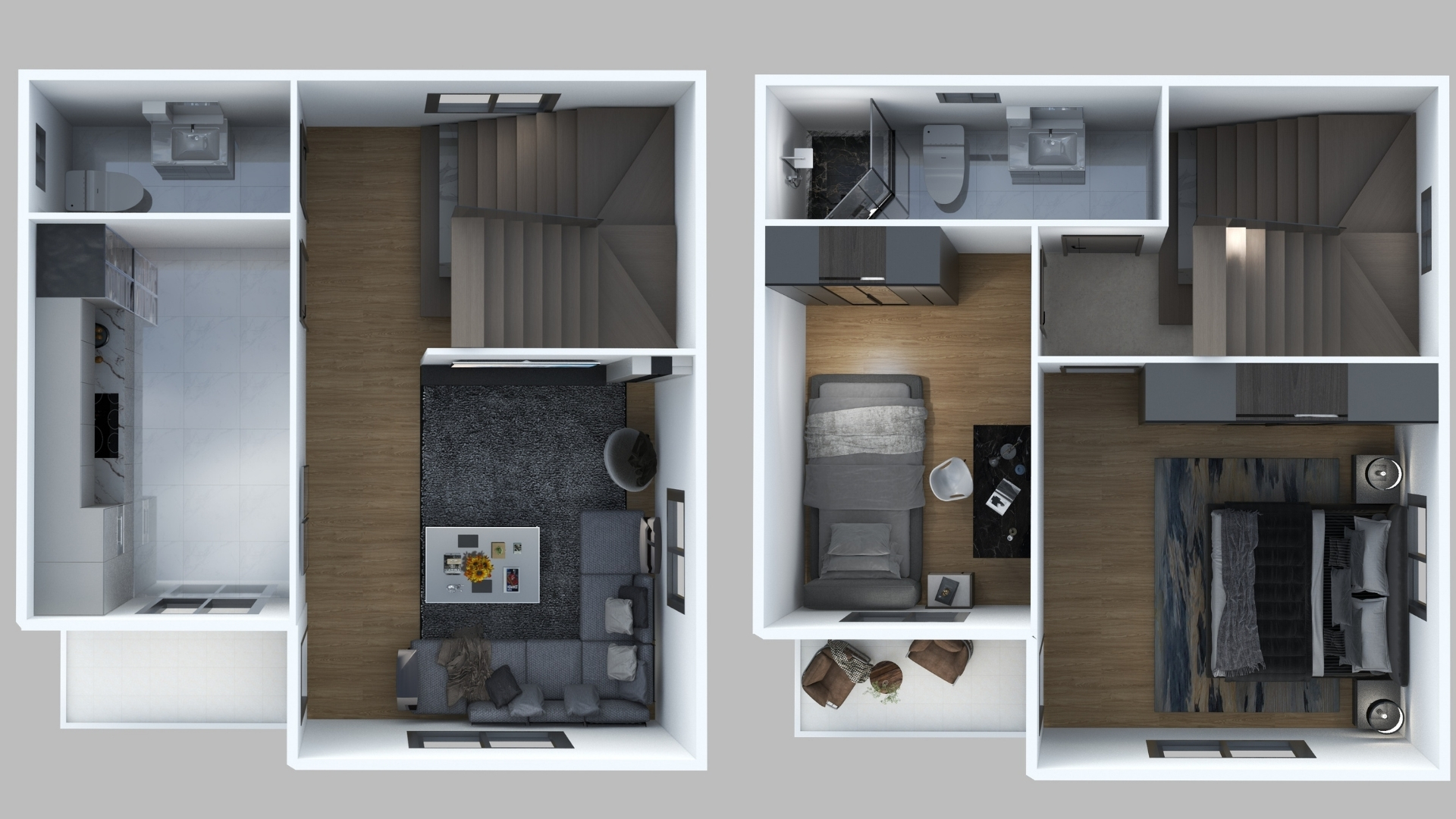 HD-200 82 m² dubleks prefabrik ev planı, 2+1 oda dağılımı ve 2 banyolu 3D kat yerleşimi