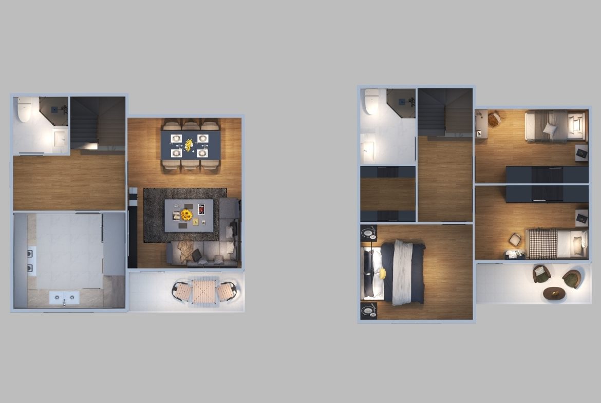 HDS-204 105 m² dubleks çelik evin gece aydınlatmalı kat planı – alt ve üst kat oda düzeni