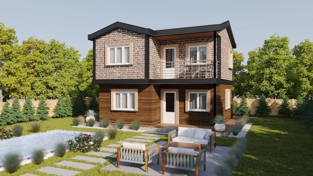 Ahşap dokulu koyu renk cepheli HDS-204 dubleks çelik ev, peyzajlı bahçeyle uyumlu görünüm sağ yan görünüm