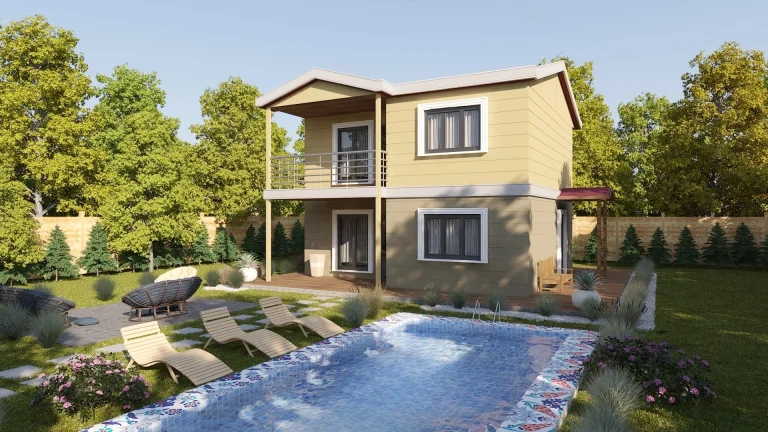 Altın bej tonlu modern dış cepheli HDS-206 118 m² 3+1 dubleks çelik ev havuz manzarası