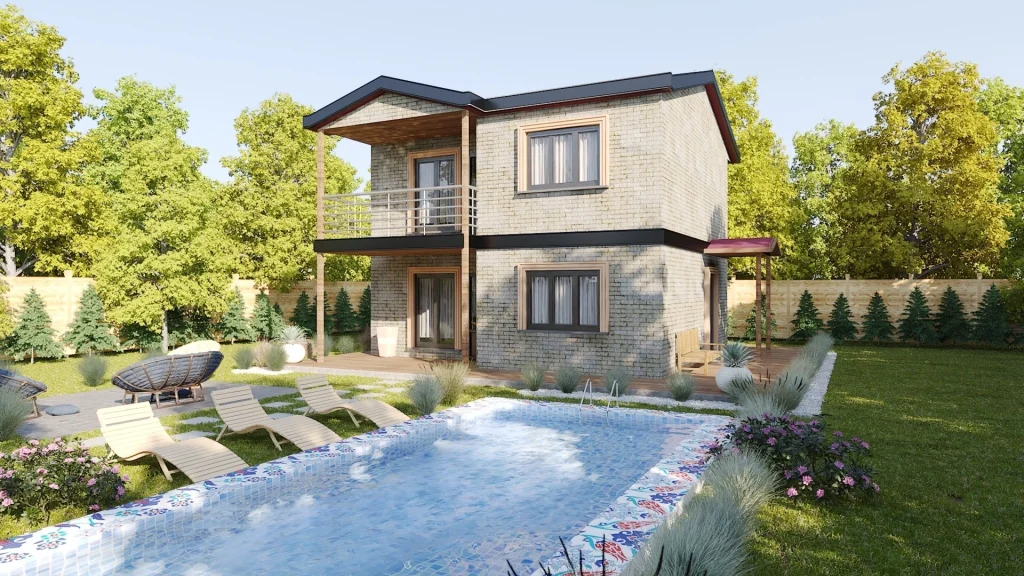 Havuzlu bahçesiyle taş kaplama dış cepheli HDS-206 118 m² dubleks çelik ev