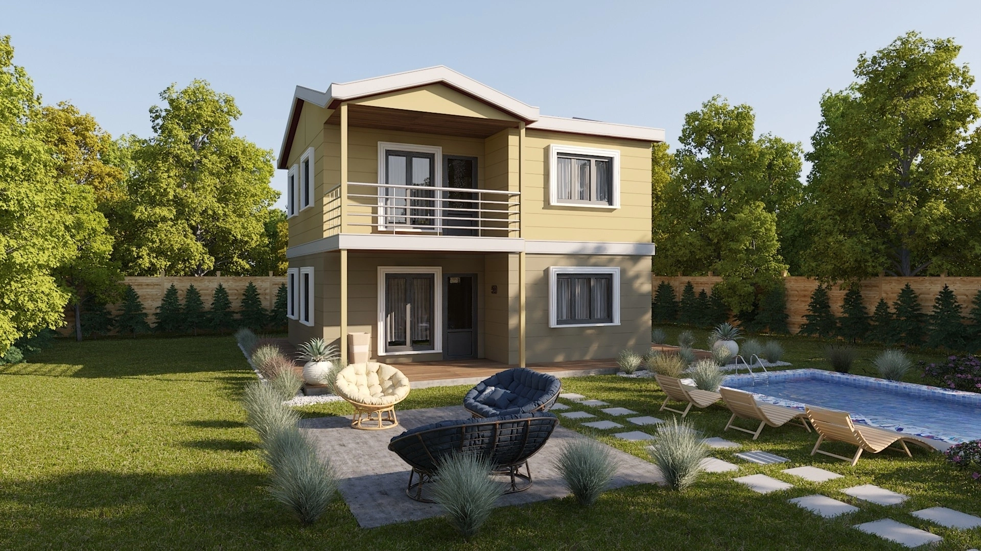 Açık bej renkli dış cepheye sahip HDS-206 118 m² dubleks çelik ev yan cephe görünümü