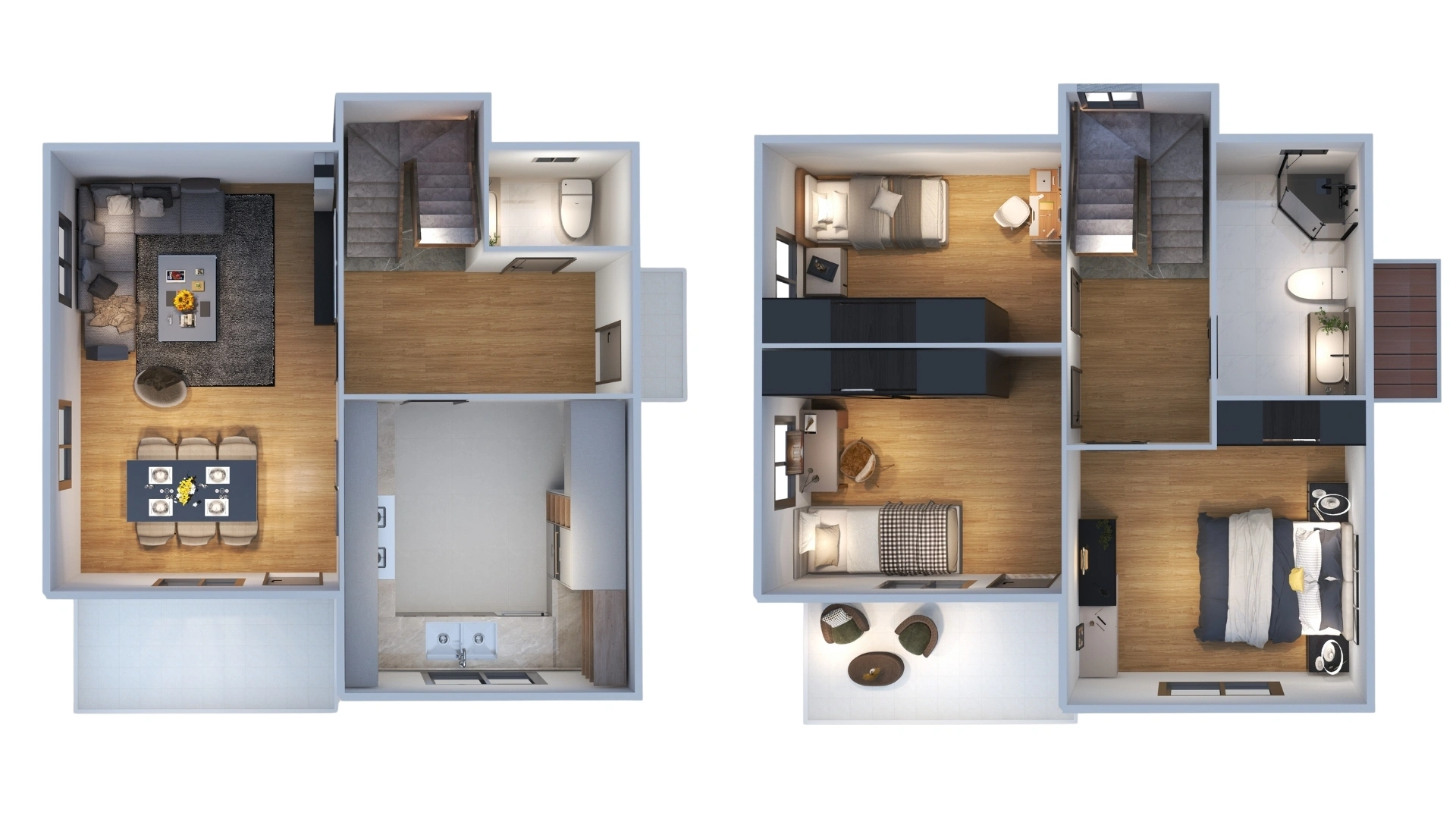 HDS-206 118 m² 3+1 dubleks çelik ev iki katlı plan çizimi – zemin ve birinci kat yerleşimi