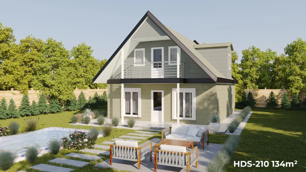 HDS-210 model 134 m², 3+1 beşik çatılı bungalov çelik evin havuz kenarından yan cephe görünümü