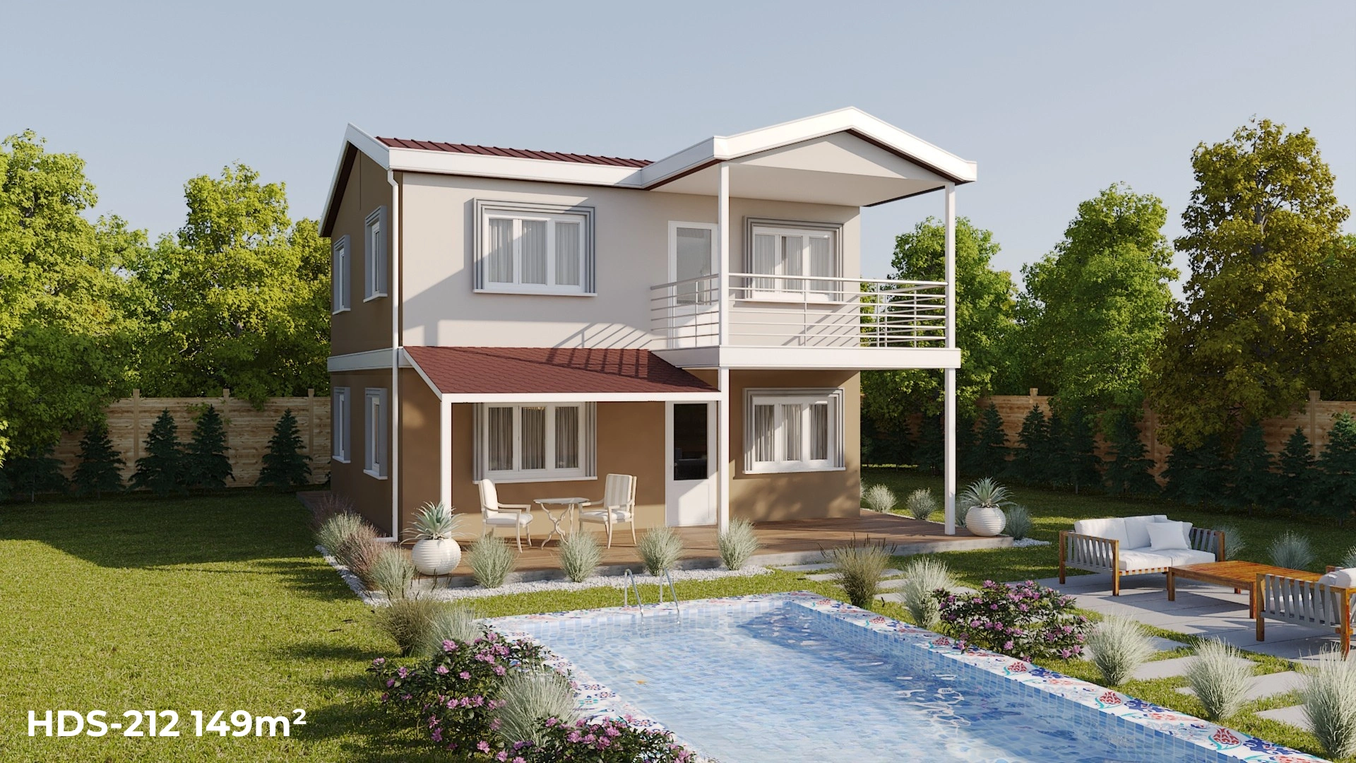 HDS-212 modelinin 149 m², 4+1, 3 banyolu çelik evinin yan cepheden ve havuz manzaralı balkonlu dış görünümü.