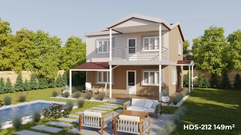 Tekirdağ’da geniş aileler için 149 m², 4+1, üç banyolu, 29 m² salonlu, 20 m² verandalı, 10 m² balkonlu iki katlı çelik evin ön cepheden havuzlu bahçe manzaralı görseli.