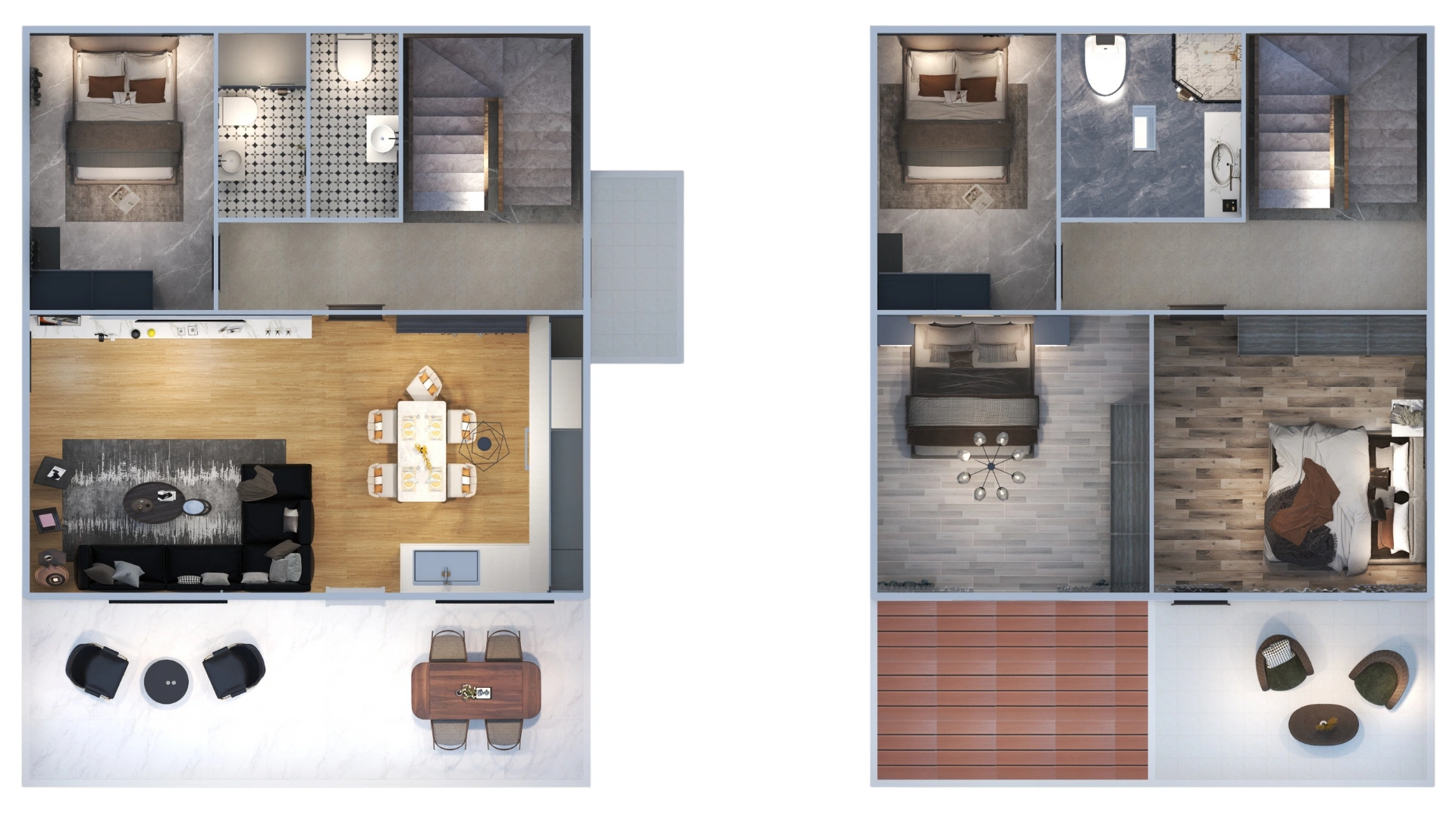 HDS-212 modeline ait 149 m², 4+1, üç banyolu çelik evin iki katlı iç yerleşim ve mobilya düzenini gösteren kat planı.