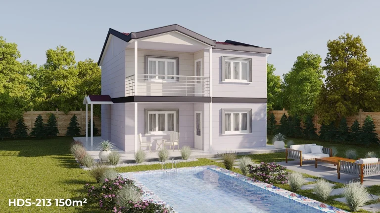 HDS-213 150 m² 4+1 dubleks çelik ev, modern beyaz cephe tasarımı ve geniş bahçesiyle önden görünüm.