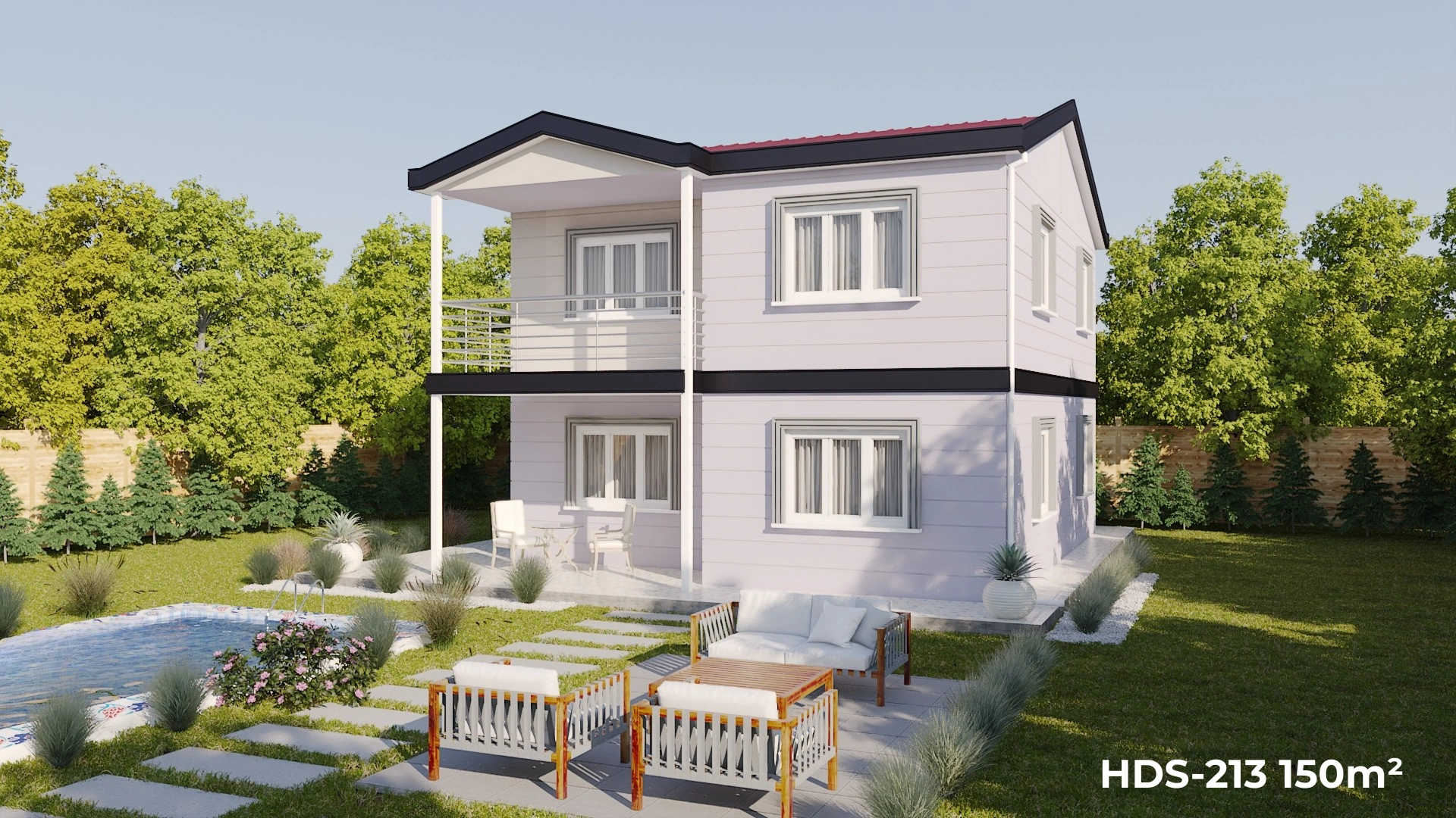 HDS-213 150 m² 4+1 çelik evin bahçe ve arka cephe görünümü, balkonlar ve geniş pencereler.