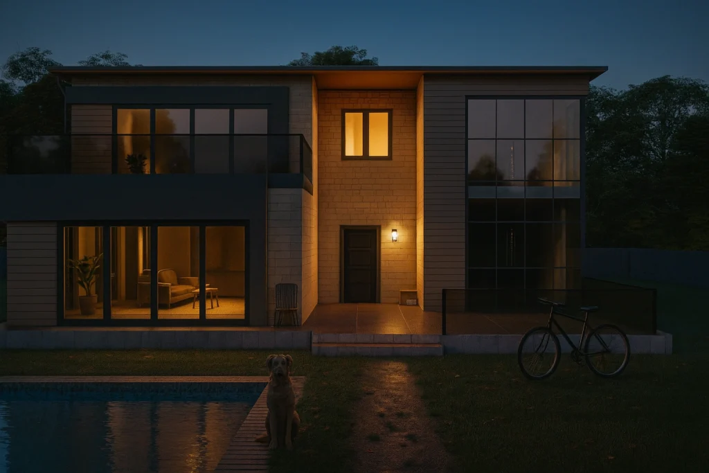 Gece görüntüsüyle modern bir ev, açık kapı ve yüzme havuzu