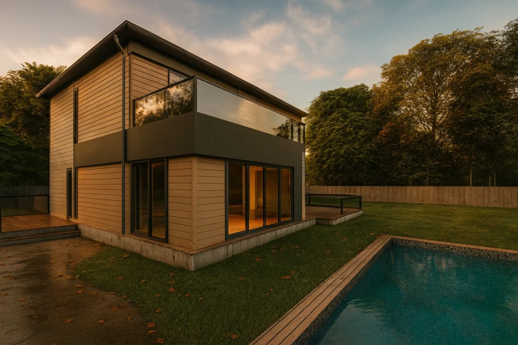 Modern bir ev, geniş bahçe ve yüzme havuzu ile yaz akşamı manzarası