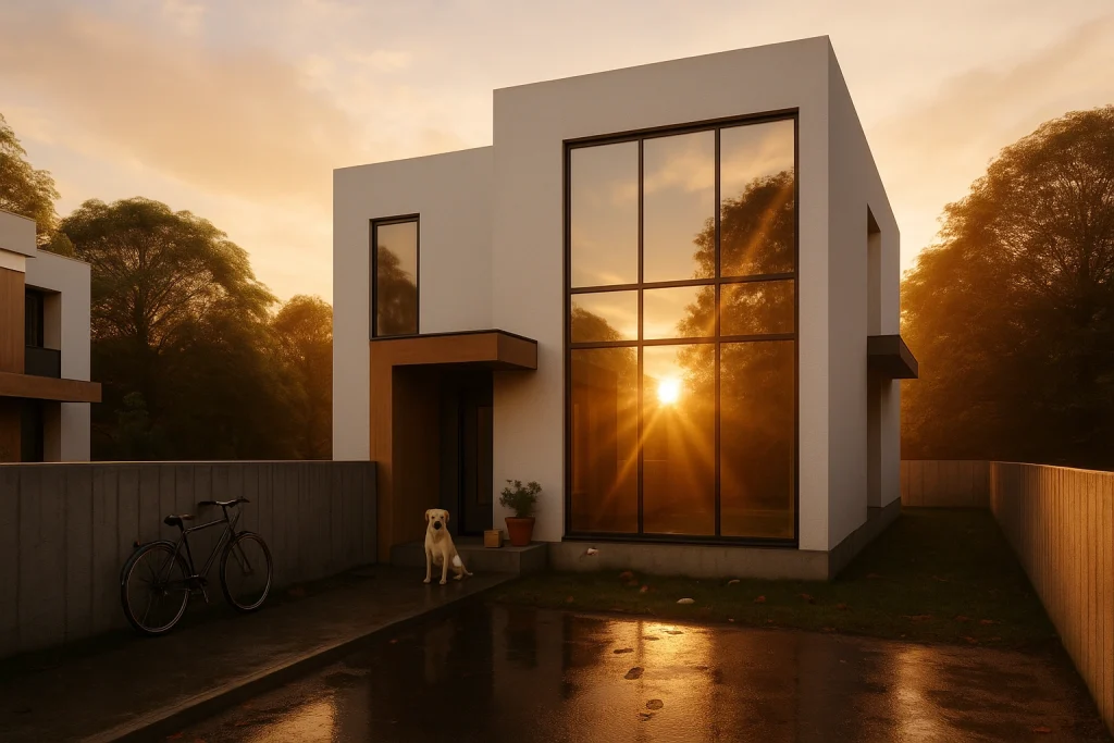 Gün batımını yansıtan büyük pencereleri, girişinde bir köpek, alçak beton duvara yaslanmış bir bisiklet ve yağmur sonrası ıslak kaldırımıyla modern beyaz bir HDS-224 dubleks çelik ev. Ağaçlar bu huzurlu sahneyi çevreliyor.