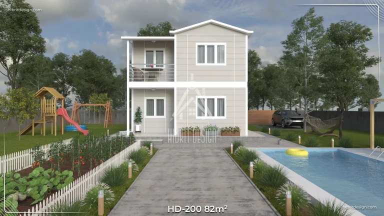 HD-200 82 m² 2 katlı prefabrik ev – 2+1 plan, 2 banyolu, balkon ve geniş verandalı ön giriş