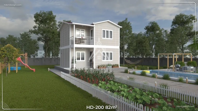 HD-200 82 m² 2 katlı prefabrik ev – 2+1 plan, 2 banyolu, balkon ve verandalı bahçeli yan cephe