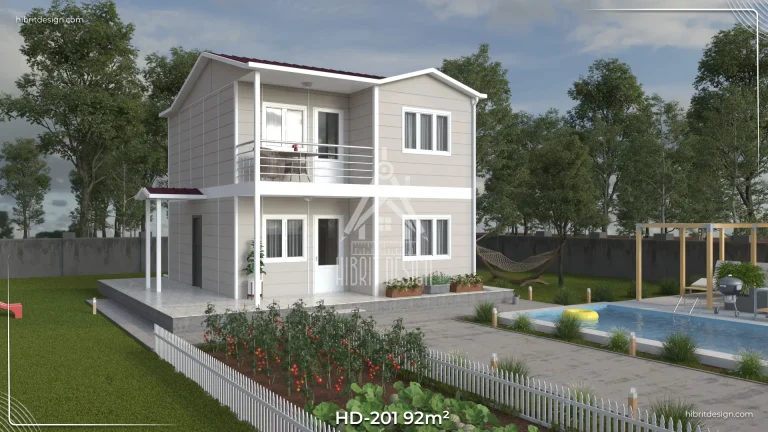 HD-201 92 m² 2 katlı dubleks prefabrik ev – bahçeli yan cephe, 2+1 oda, balkonlu modern tasarım