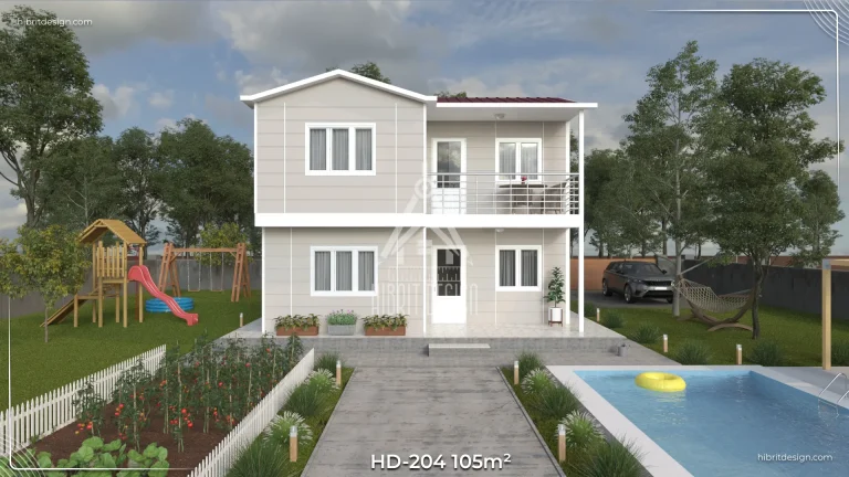 : HD-204 105 m² 3+1 çift katlı prefabrik ev, Tekirdağ’da modern ön cephe havuzlu ve balkonlu tasarım