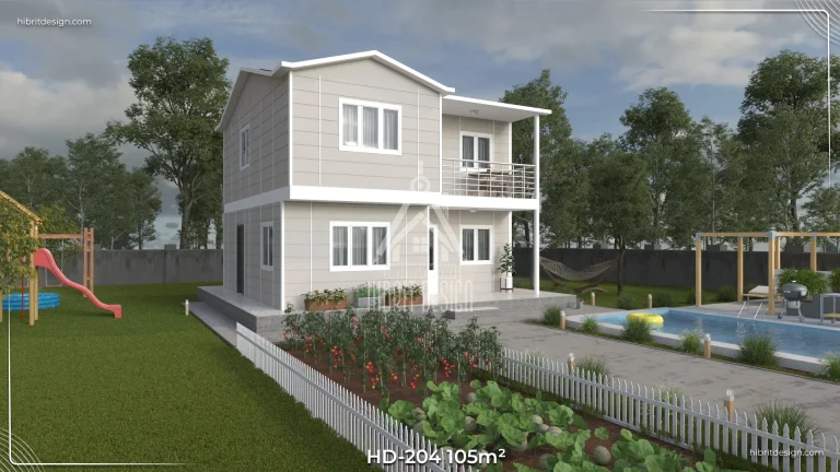 HD-204 105 m² 3+1 dubleks prefabrik ev, geniş bahçe ve yan cephe manzarası