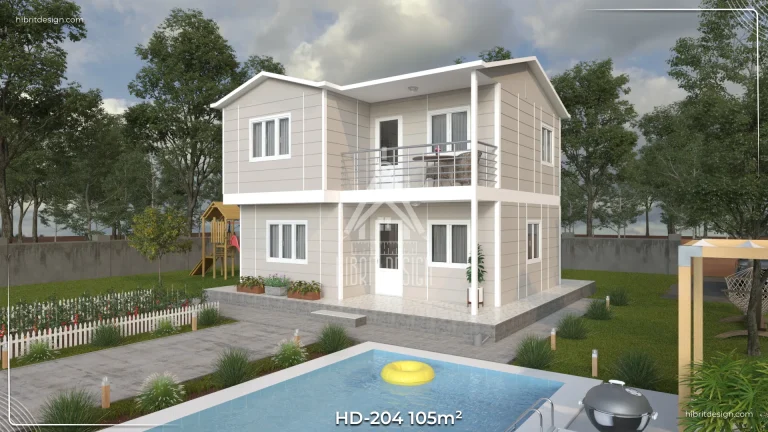 HD-204 105 m² 3+1 çift katlı prefabrik ev, arka cephe ve balkon detayları