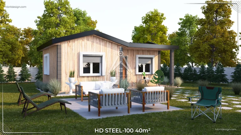 HD Steel 100 – 40 m² ahşap kaplama yan cephe, modern peyzajlı tek katlı çelik ev