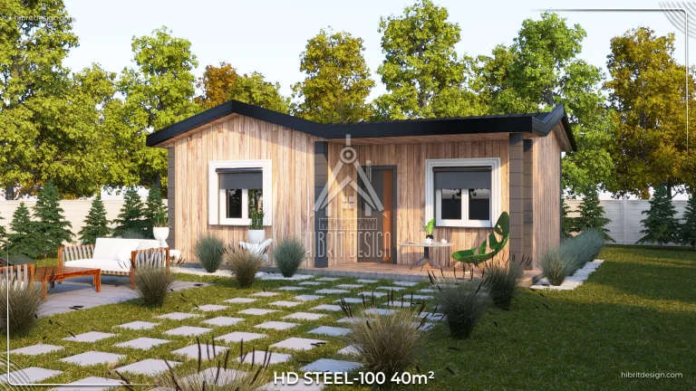 HD Steel 100 – 40 m² ahşap kaplama tek katlı çelik ev, modern bahçeli tasarım