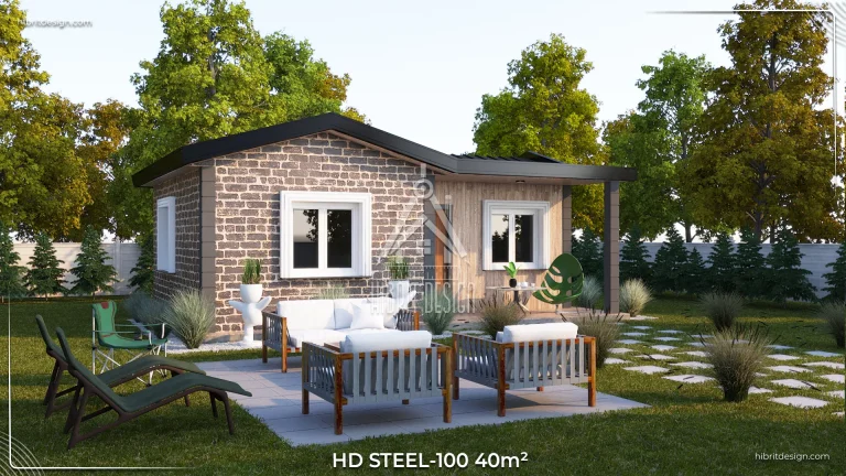 HD Steel 100 – 40 m² taş kaplama tek katlı çelik ev yan cephe , bahçe oturma alanı ve yeşil peyzaj