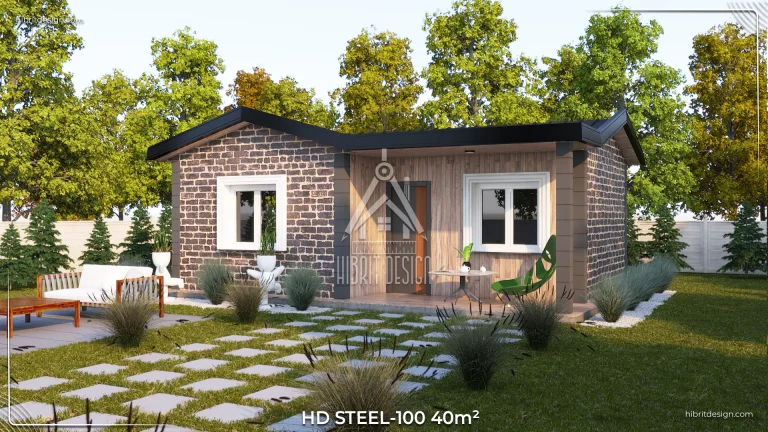 HD Steel 100 – 40 m² yan cephe taş kaplama çelik ev, geniş bahçe yürüyüş yolu