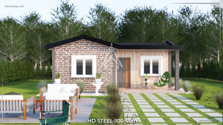 HD Steel 100 – 40 m² taş kaplama tek katlı çelik ev, bahçe oturma alanı ve yeşil peyzaj