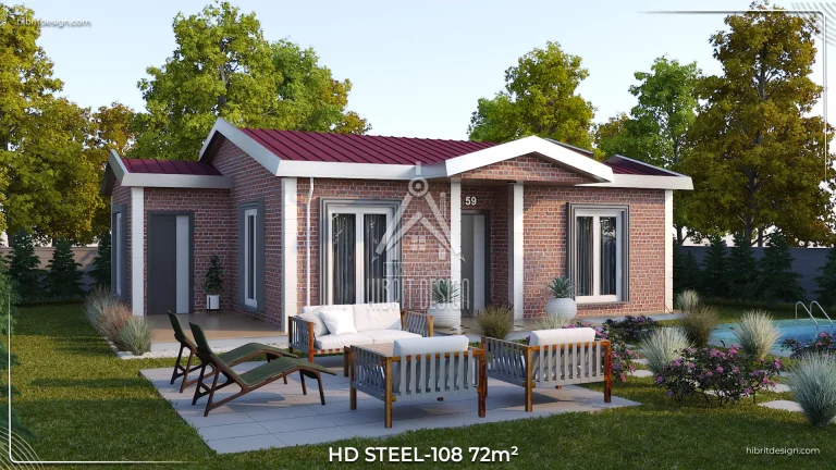 HD Steel 108 çelik evin 72 m² 2+1 modeli, bahçede oturma alanı ve şık ahşap mobilyalar ile arka cephe görünümü.