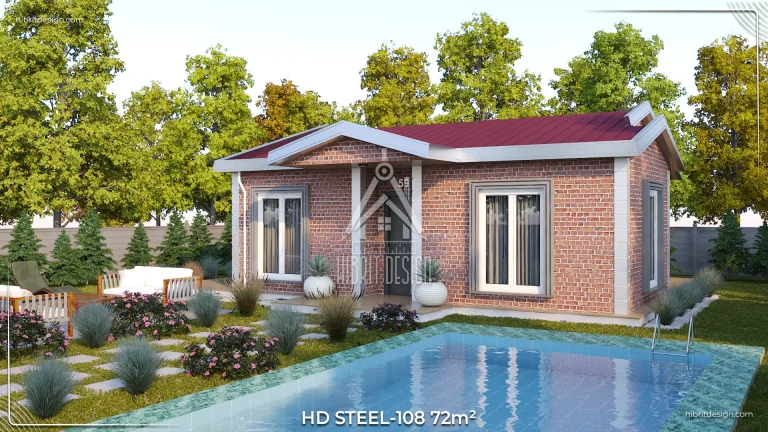 HD Steel 108 72 m² çelik ev, yan cepheden havuz ve peyzaj düzenlemesiyle birlikte modern bahçe görünümü.