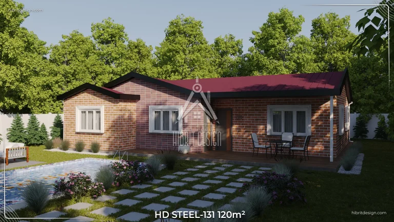 HD Steel 131 model 120 m² 3+1 tek katlı çelik evin bahçeden görünümü, kırmızı çatılı modern tasarım