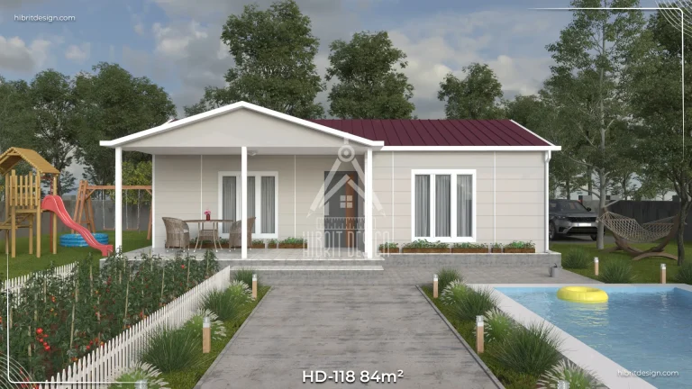 Tek katlı 84 m² 2+1 prefabrik ev – modern bahçeli çelik konstrüksiyon, beyaz dış cephe, kırmızı çatı