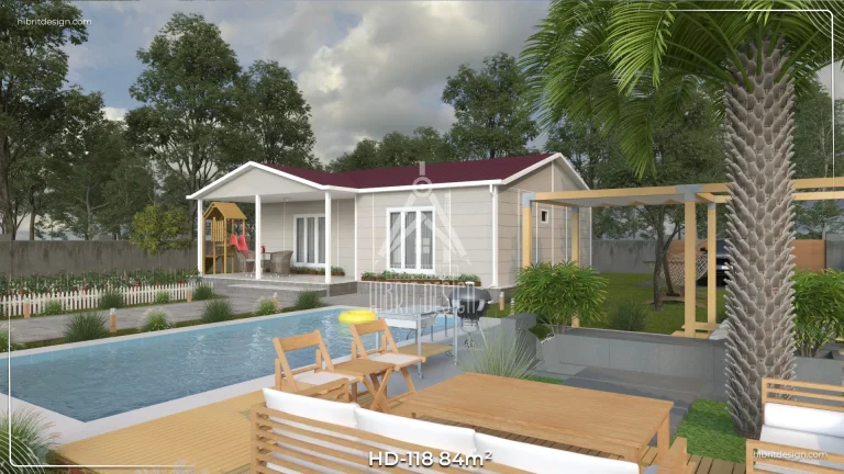 84 m² 2+1 tek katlı prefabrik ev – havuz kenarı ve ahşap deck detaylı yan cephe görünümü