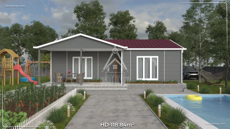 HD-118 84 m² 2+1 prefabrik ev – gri dış cephe, kırmızı çatı, peyzajlı bahçe ve taş yürüyüş yolu