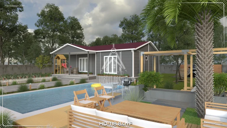 84 m² 2+1 tek katlı prefabrik ev – gri cephe, kırmızı çatı, havuz kenarı ve ahşap deck alanı