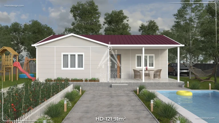 HD-121 91 m² 2+1 tek katlı prefabrik ev – kırmızı çatı, geniş yürüyüş yolu ve modern bahçeli ön cephe görünümü