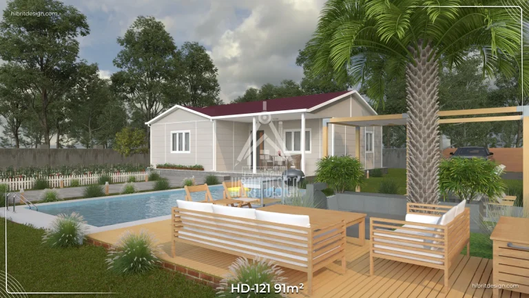 1920x1080 piksel çözünürlüklü HD-121 91 m² 2+1 tek katlı prefabrik ev – kırmızı çatı, açık renk cephe, geniş veranda ve havuzlu bahçe
