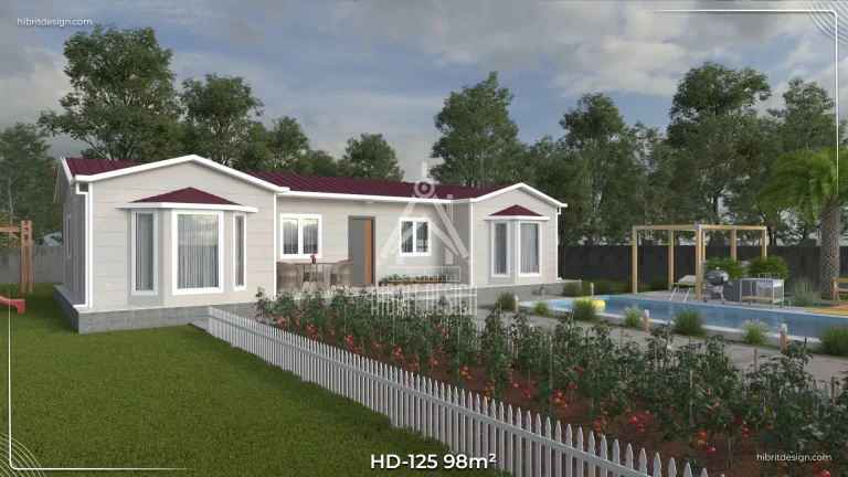 HD-125 98 m² 3+1 tek katlı prefabrik ev – açık renk cephe, cumbalı ve tam boy camlı modern tasarım