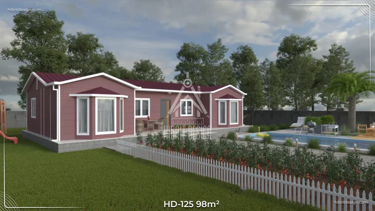 HD-125 98 m² 3+1 tek katlı prefabrik ev – cumbalı, tam boy camlı giriş, kırmızı çatı ve geniş yürüyüş yolu görünümü