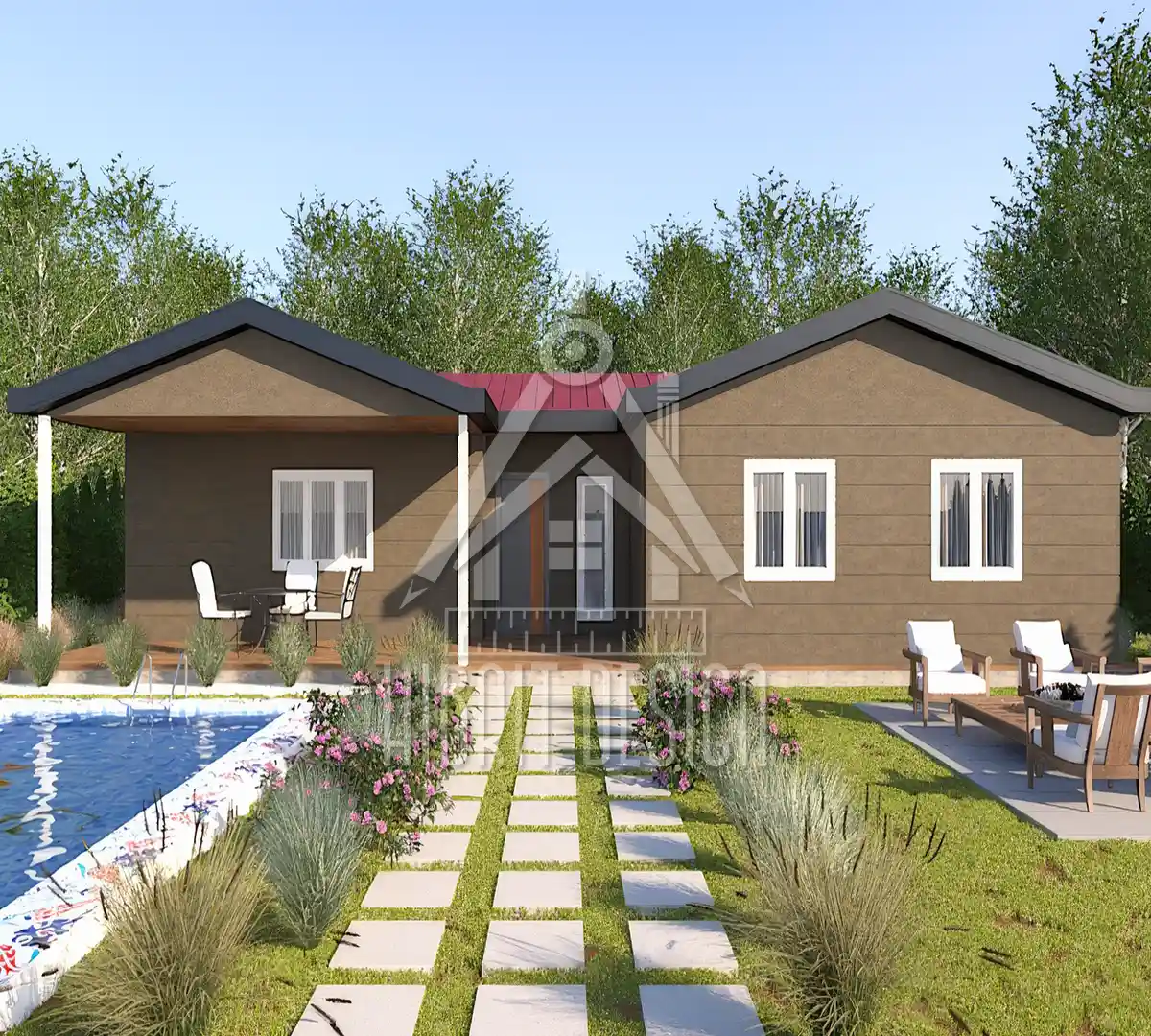 Havuz kenarında konumlanan kahverengi dış cepheli 123 m² tek katlı çelik ev