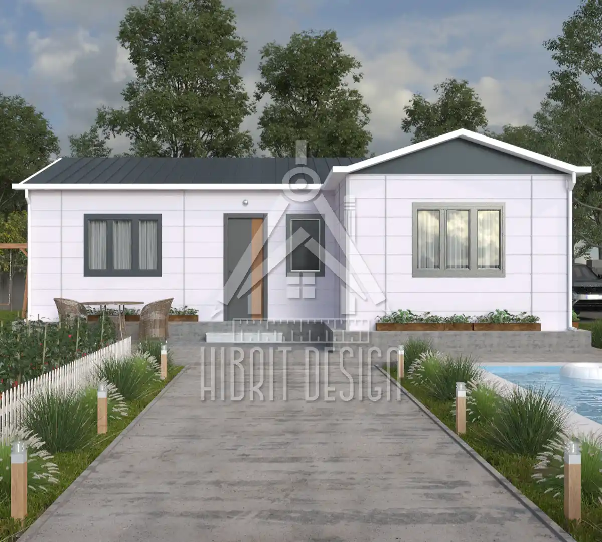 HD-111 75 m² 2+1 tek katlı prefabrik ev, bahçeli ve modern ön giriş cephe